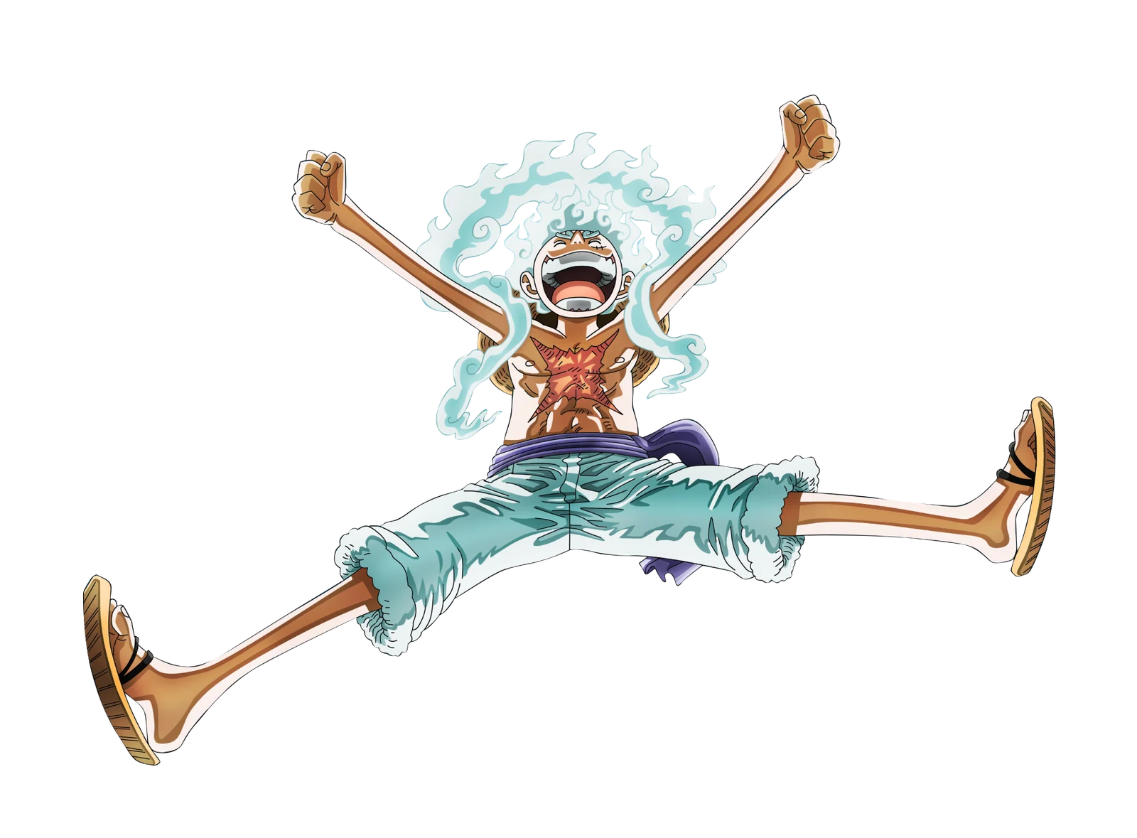Gear Five Luffy leaping triumphantly