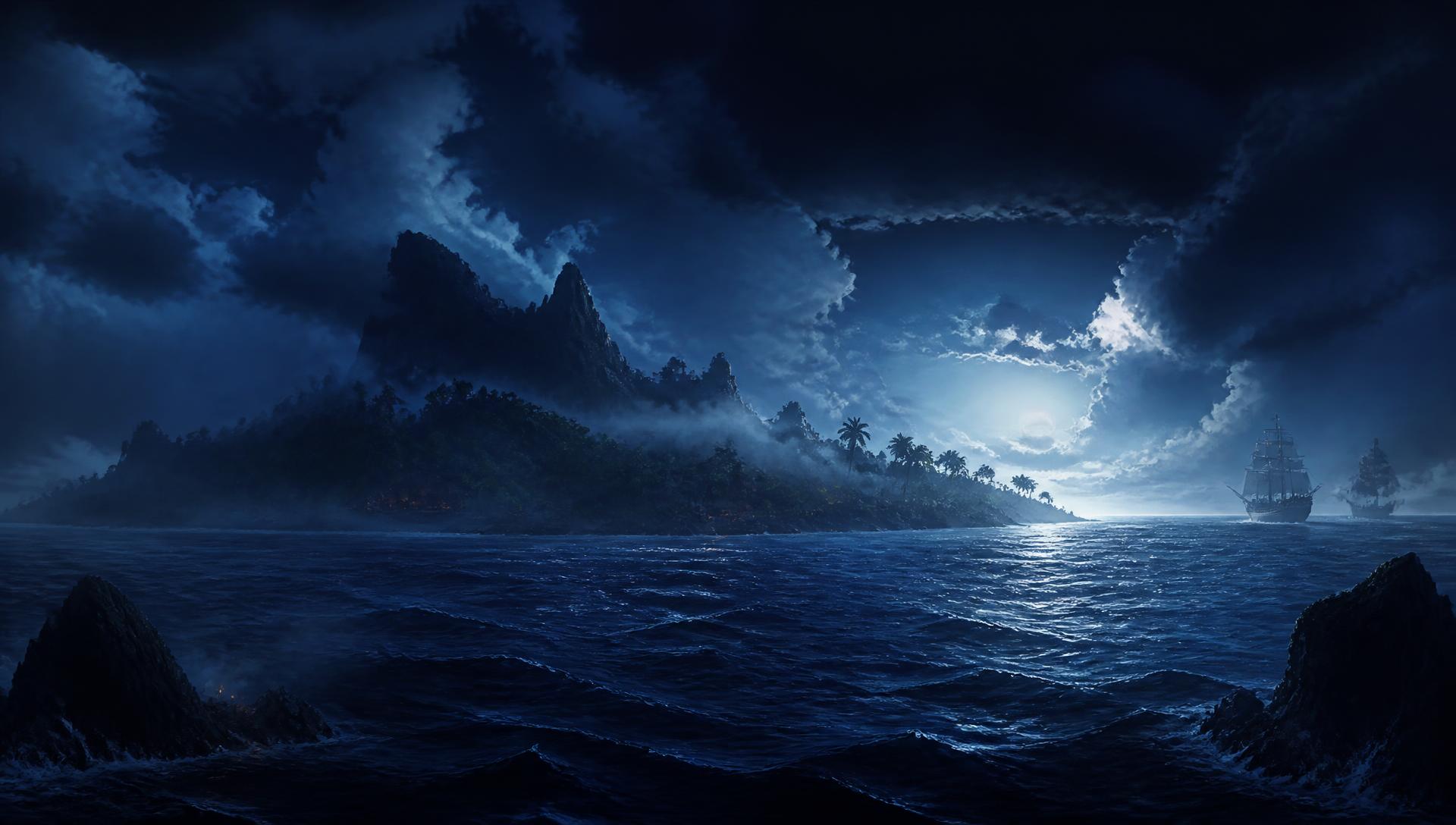Dark ocean at night with a distant pirate island