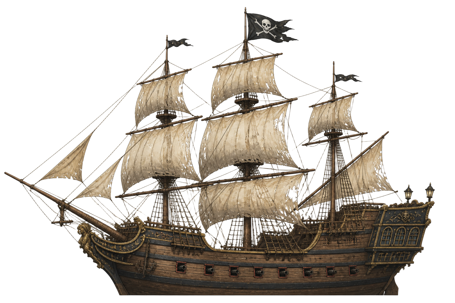 Pirate galleon sailing the dark ocean